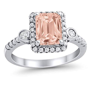 Halo Emerald Cut Wedding Engagement Simulated Morganite CZ Ring